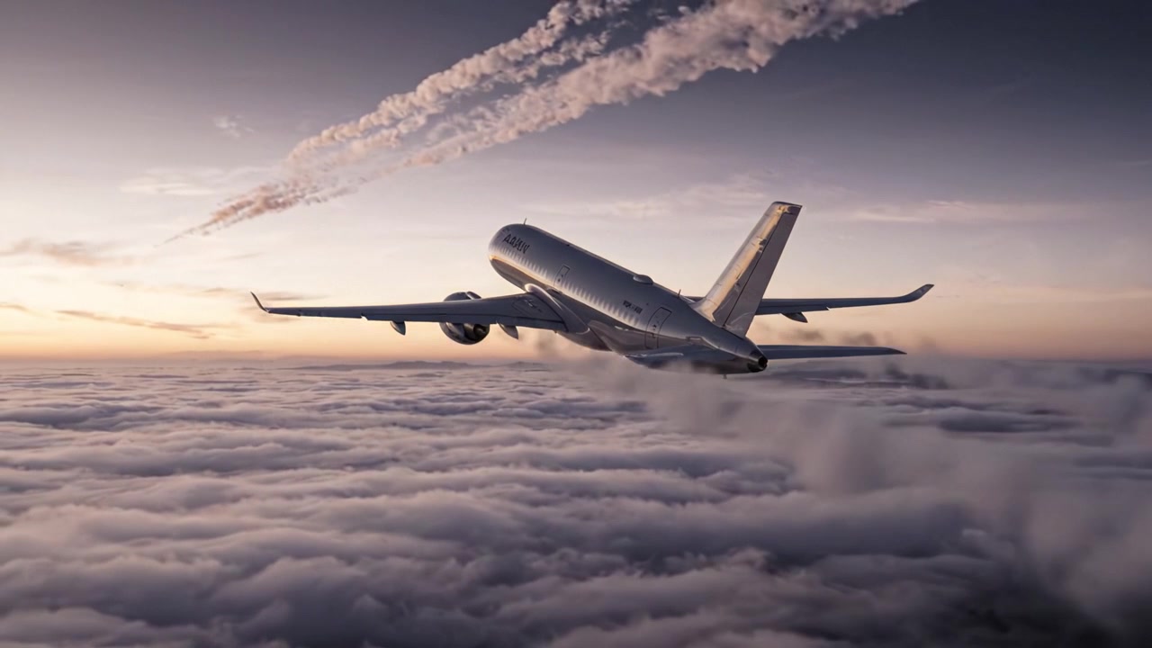 Maestoso aereo che si libra in un cielo pieno di nuvole al crepuscolo, mettendo in mostra la bellezza del volo e lo spettacolo dei cieli aperti sopra la Terra.