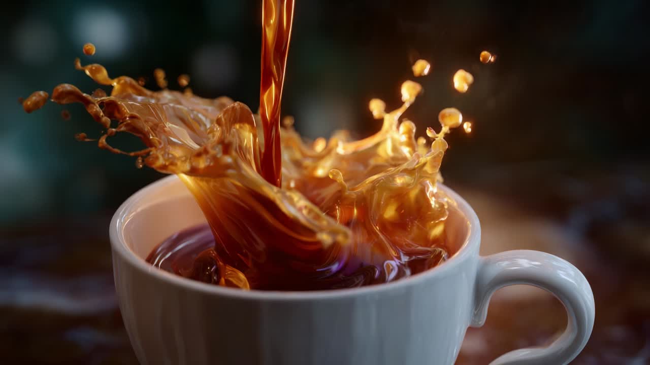 Captivating Sequence of Coffee Being Poured into a Mug, Highlighting the Dynamic Splash Effect and Rich Color Variations, Creating an Appealing Visual Experience for Coffee Lovers Everywhere