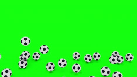 pile of 3d soccer balls fall and bounce on the floor over green screen. sports concept. world cup symbol. 4k animation on chroma key background.