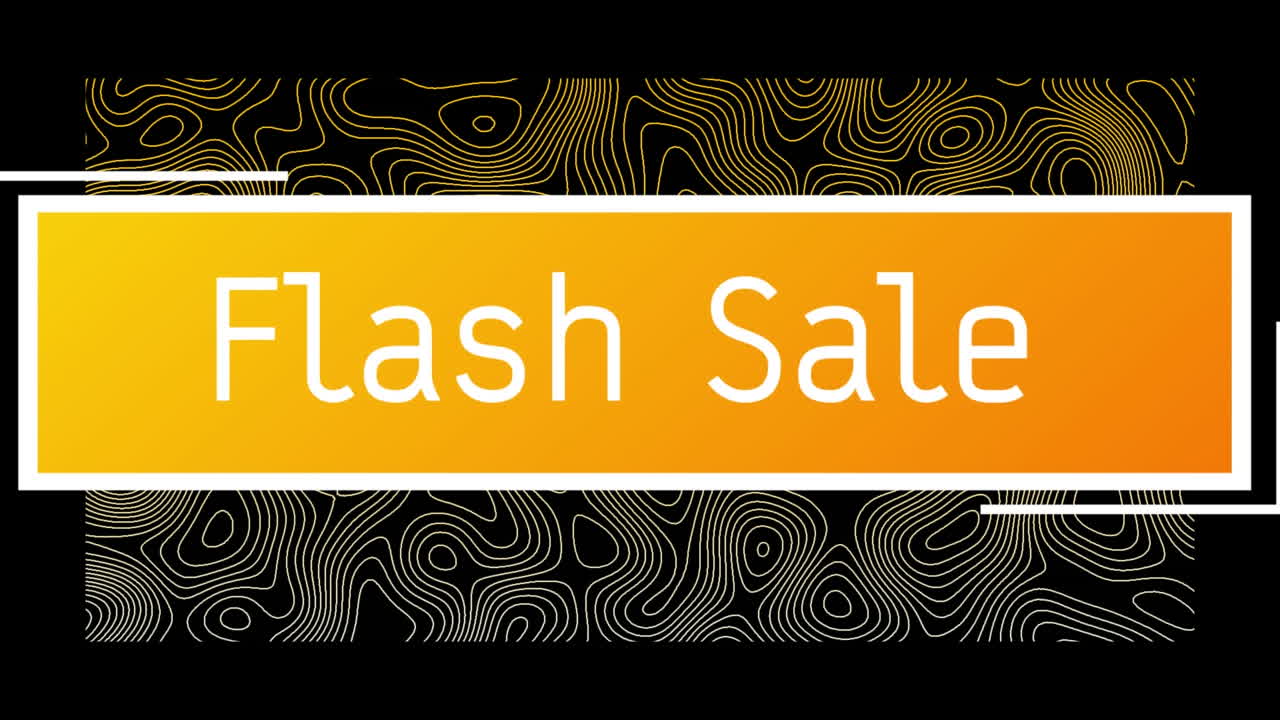 텍스트의 애니메이션, 플래시 판매, 오렌지색 배너에, 검은색 배경에 콘투르 라인 위에
