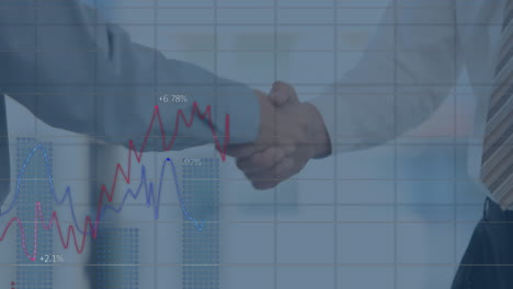 statistical data processing over grid network against mid section of two businessmen shaking hands