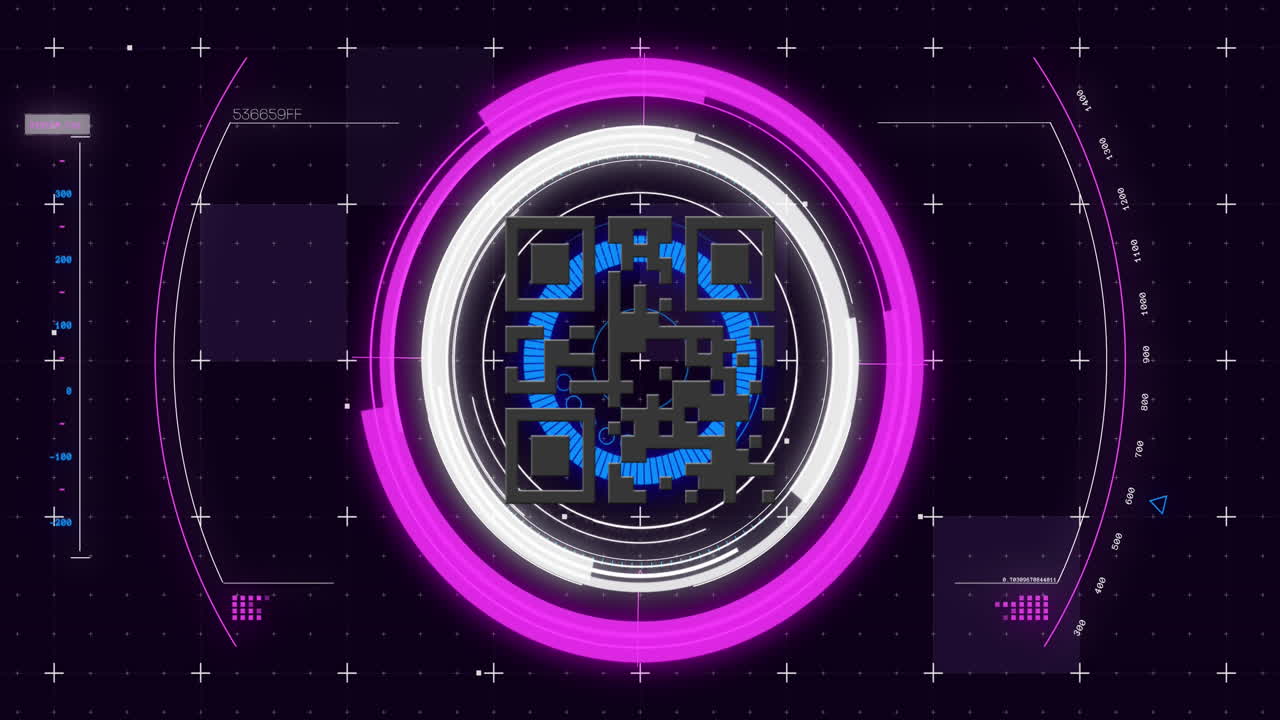 Digital animation of qr code scanner over neon round scanner on blue background