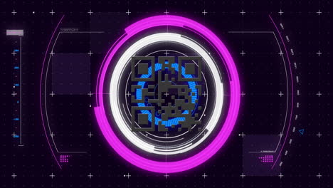 digital animation of qr code scanner over neon round scanner on blue background