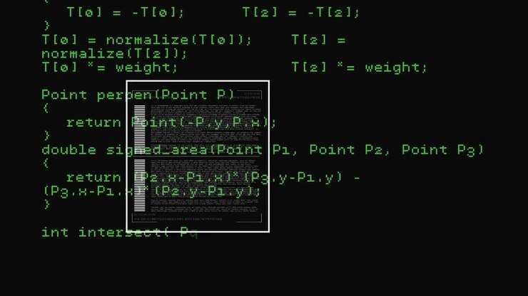 Animation of screen and data processing over dark background