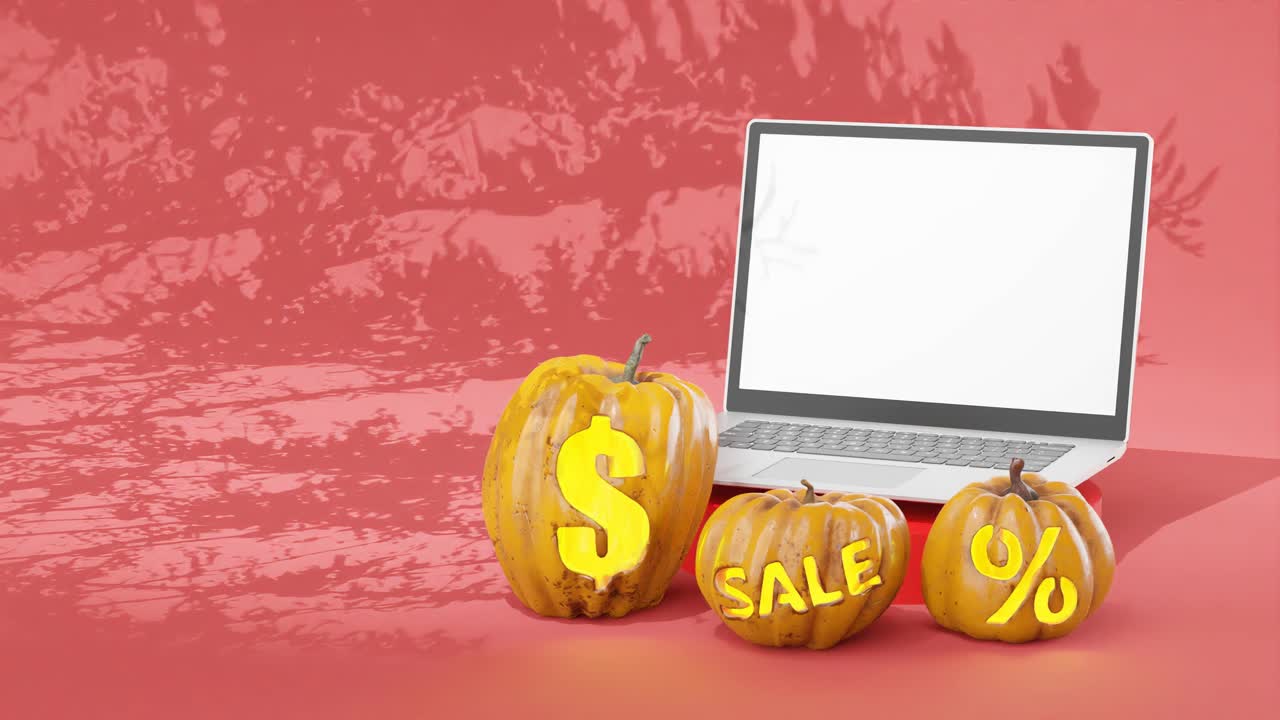 venta de otoño de calabaza, espacio en blanco en la pantalla de la computadora portátil para texto, fondo rojo, sombras de árboles