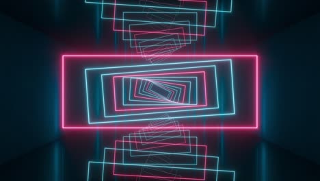 loop rotation of glowing rectangle lines in the dark tunnel, 3d rendering.