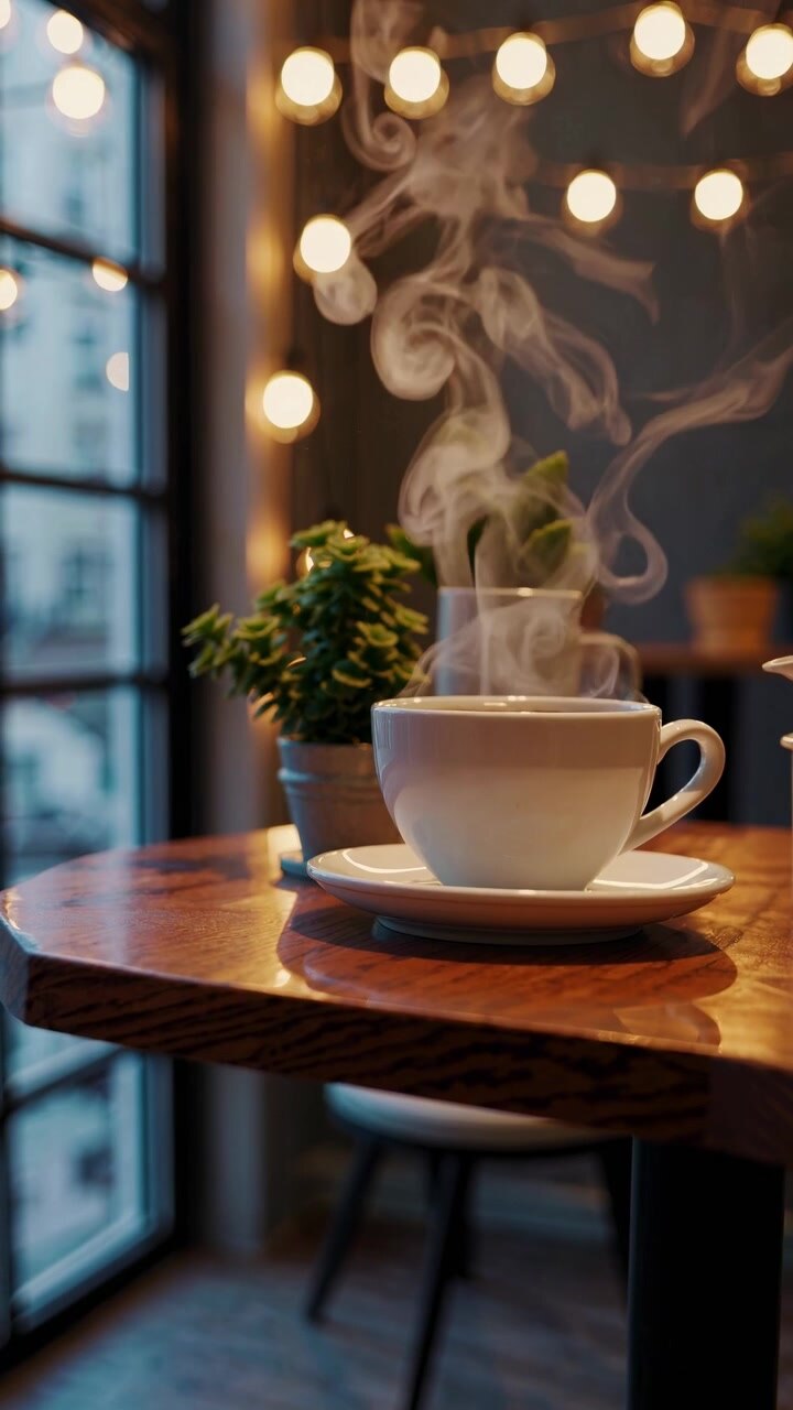 Tazza di caffè fumante su un tavolo in legno in un accogliente bar