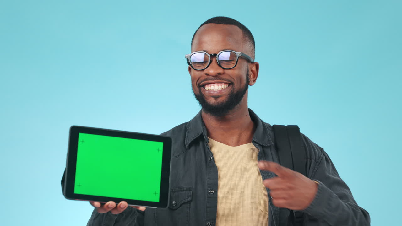 Face, green screen and black man with a tablet