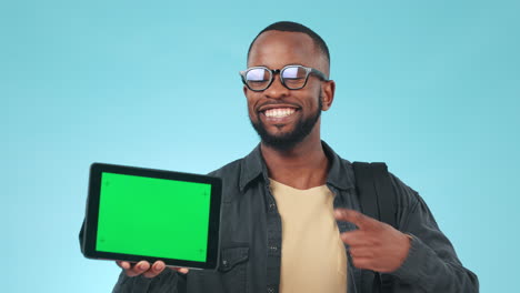 Face,-green-screen-and-black-man-with-a-tablet
