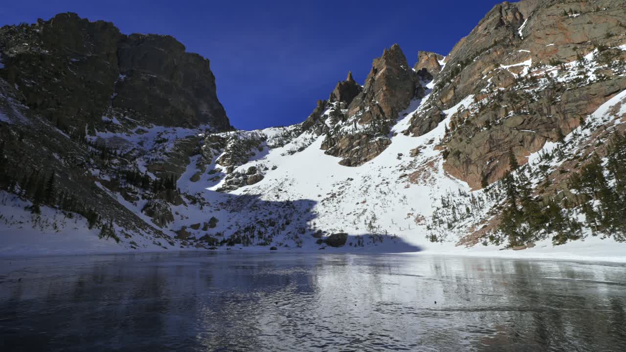 Smaragdové jezero, Jezero snů v zimě, Národní park Skalnaté hory (RMNP), Colorado. Led, ledové a zamrzlé vysokohorské scenérie, stezka u Medvědího jezera, letecký pohled z dronu na Hallettův štít, slunečná modrá obloha, hory Flattop, široký záběr.