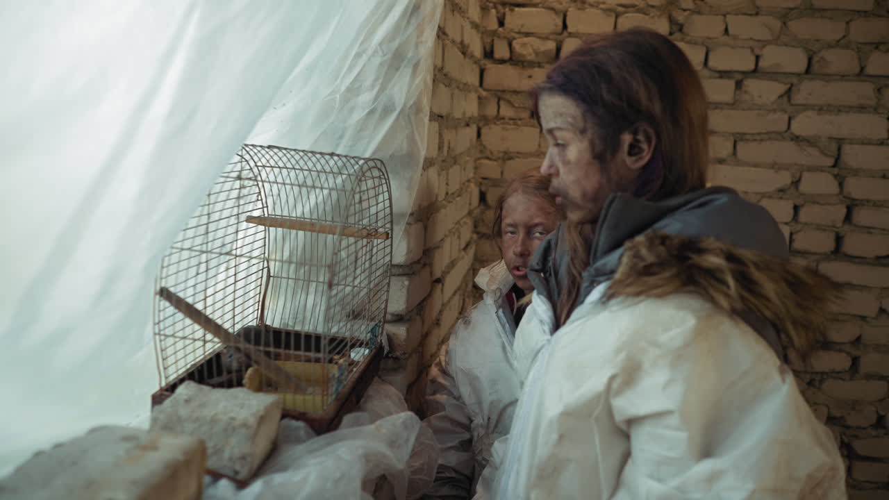 Two war refugees in dirty white coats stare silently at rat trapped inside rusty cage by window, expression shows sadness, and despair, cold brick walls and makeshift room reflect harsh reality