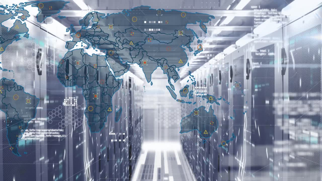 Animation of data processing over world map and mosaic sqaures against computer server room