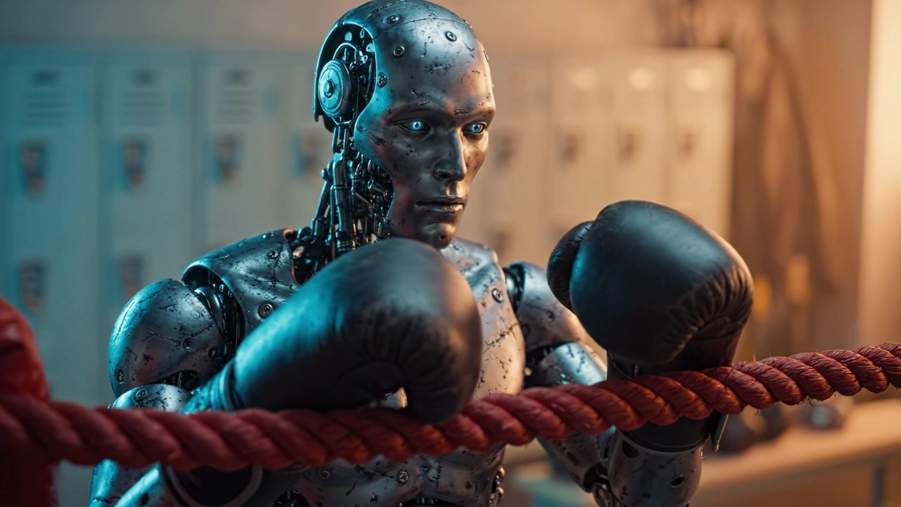 Un robot umanoide altamente avanzato si trova su un ring di pugilato, indossando guantoni e preparandosi per un incontro, mettendo in mostra una combinazione di tecnologia e sport.