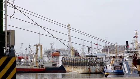 Vessels-of-all-shapes-and-sizes-are-moored-up-at-the-Port-of-Santos,-Brazil