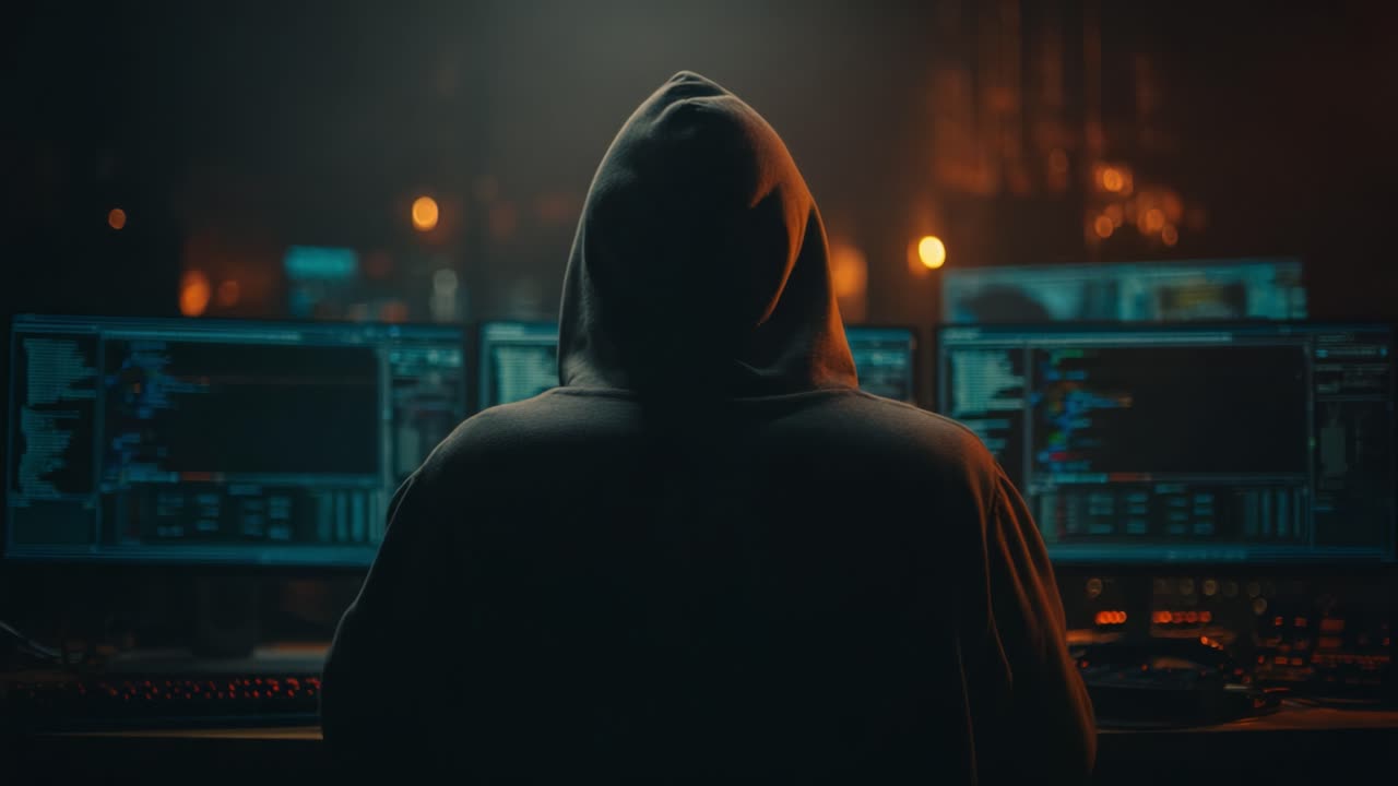 A Mysterious Figure Engaged in Cyber Activities in a Dimly Lit Room Surrounded by Multiple Monitors Displaying Streams of Code and Data