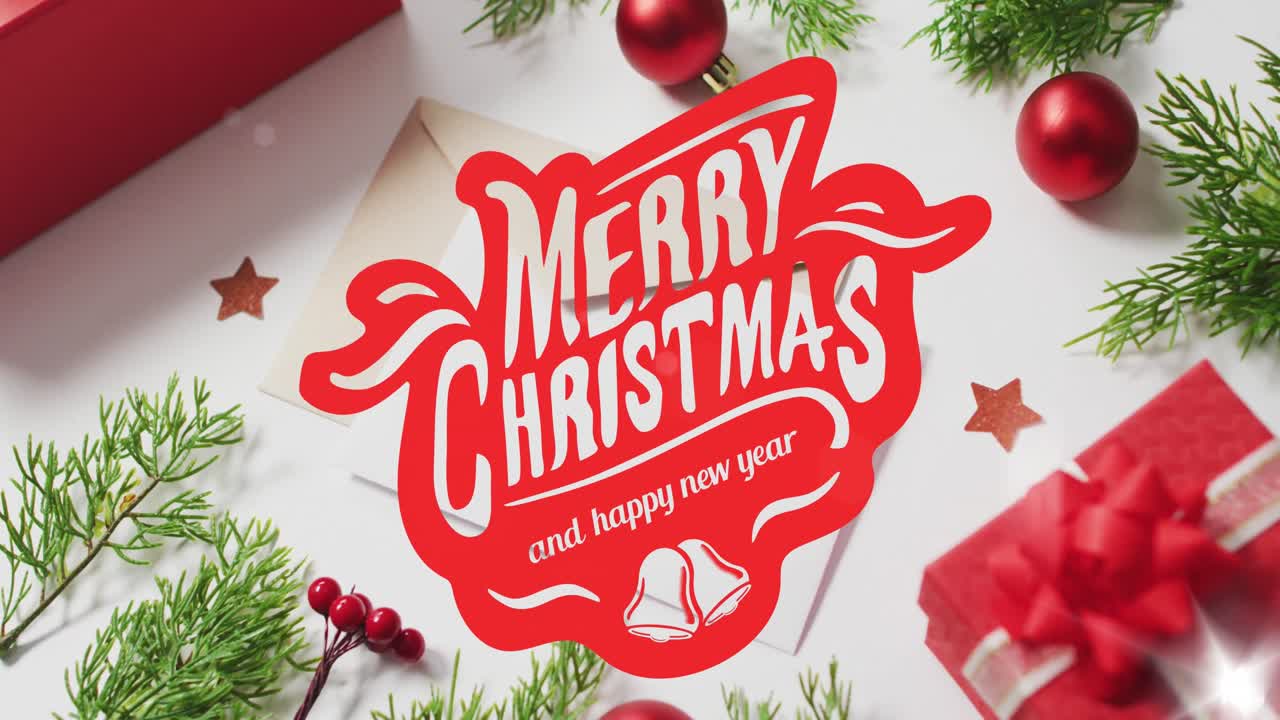 색 표면에 봉투와 장식물 위에 메리 크리스마스의 애니메이션.