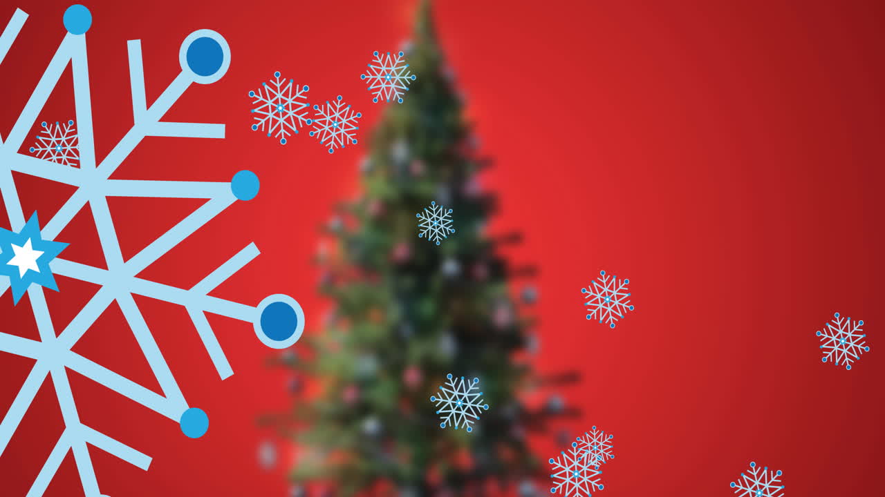 animación de nieve cayendo sobre el árbol de navidad sobre fondo rojo