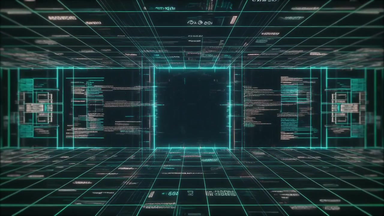 Digital Data Tunnel with Glowing Green Grid and Code