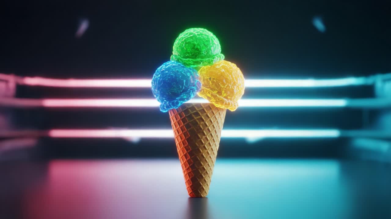 ice,cream,cone,colorful,vibrant,scoops,neon,glossy,dessert,sweet,treat,color,background,dark,lighting,effects,visual,delicious,fun,playful,food,appetizing,three,display,art,design,scene,appealing,studio,creativity,textures,modern,shiny,frozen,refreshing,unique,decor,presentation,showcase,concept