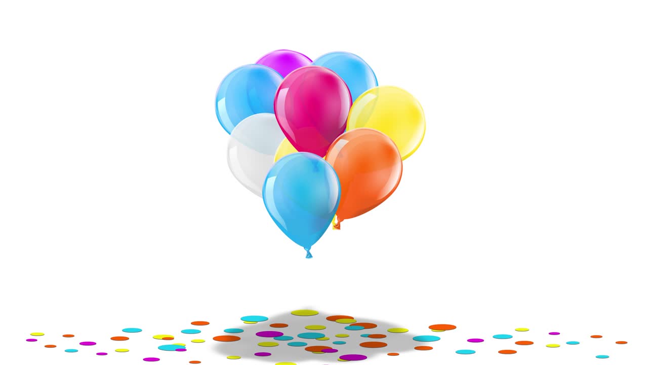 Un rendering in CGI di animazione 3D in loop continuo di vivaci palloncini da festa che si alzano con coriandoli sparsi sotto. Filmato video ideale per celebrazioni, compleanni, promozioni e sfondi.