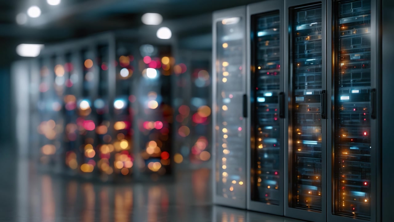A High-Efficiency Data Center Showcasing Advanced Server Racks with Vibrant LED Indicators and a Clean, Modern Aesthetic, Perfect for Technological Innovations