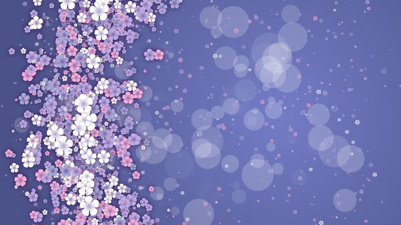 Small spring colored flowers on blue abstract background. Looped holiday animation. Floral screensaver in pastel shades.
