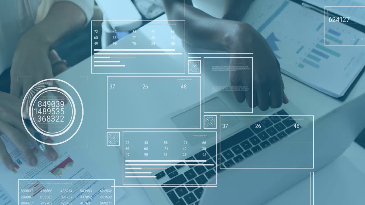 Business colleagues pointing pen swiping trackpad, analyzing data with overlays cascading fading