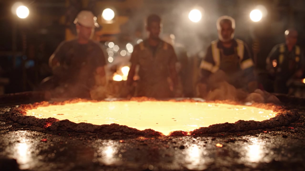 Workers Overseeing Molten Metal Pouring in a Foundry with Flames and Smoke, Highlighting Industrial Processes and the Art of Metal Casting
