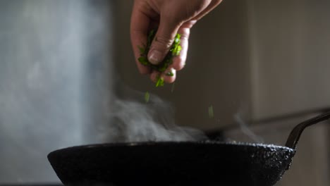 chef adds herbs in cooking pan with food