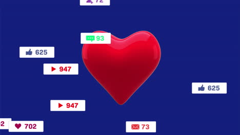 animación del corazón y las reacciones de las redes sociales sobre un fondo azul