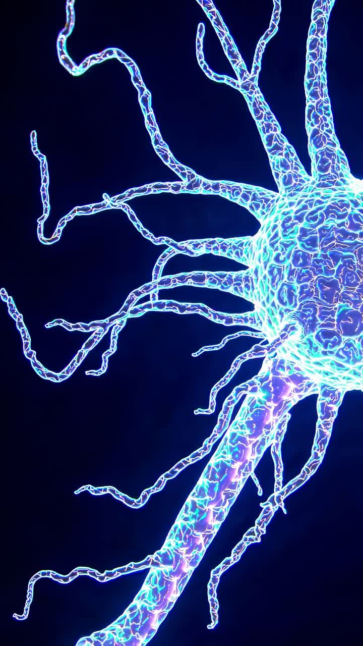 Close-up, high-angle view of a glowing neuron against a dark background, resembling a digital video