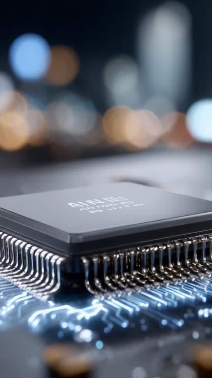 Nærbillede af en højtydende mikrochip på et printkort omgivet af smukke bokeh-lys, der viser moderne teknologi, når det er bedst.