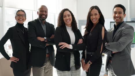 business people, group and arms crossed in office