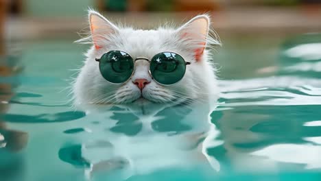 a white cat wearing sunglasses in a pool of water