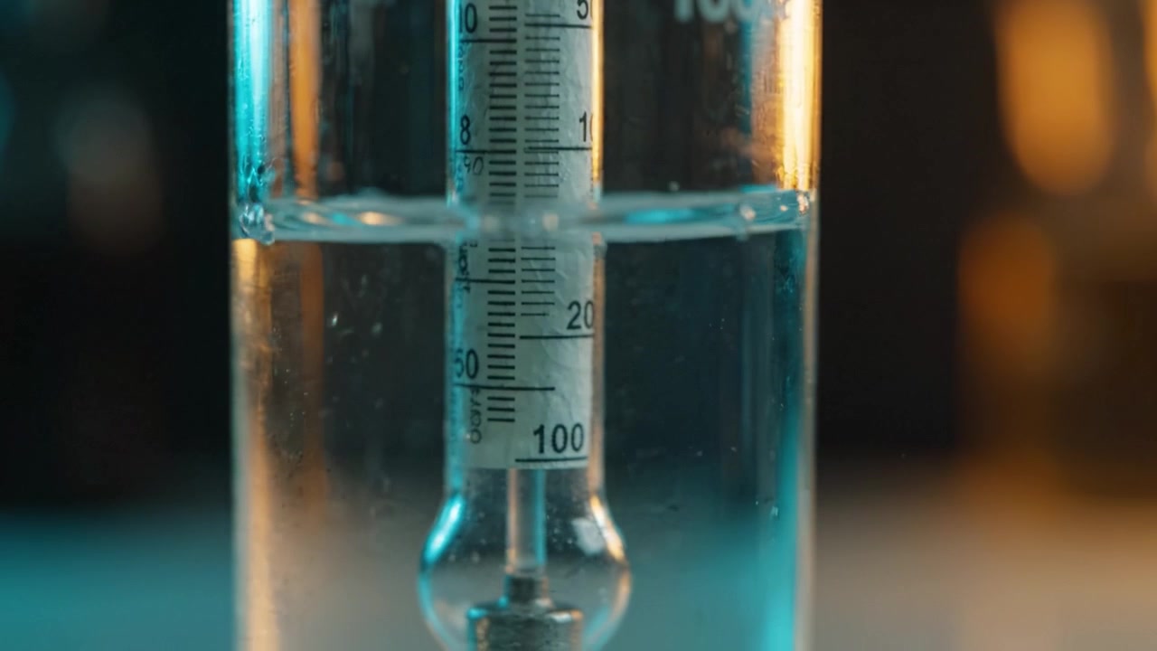 Um experimento científico fascinante com dinâmica de líquidos em uma proveta, exibindo movimento rápido da água e precisão de medição em um aparelho de vidro transparente