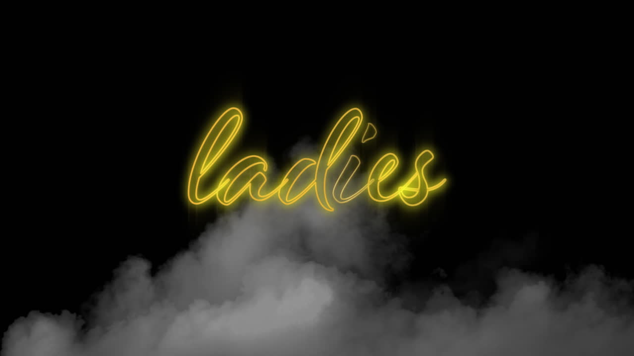 Animación digital de letrero de texto de neón amarillo 'damas' sobre efecto de humo en fondo negro.