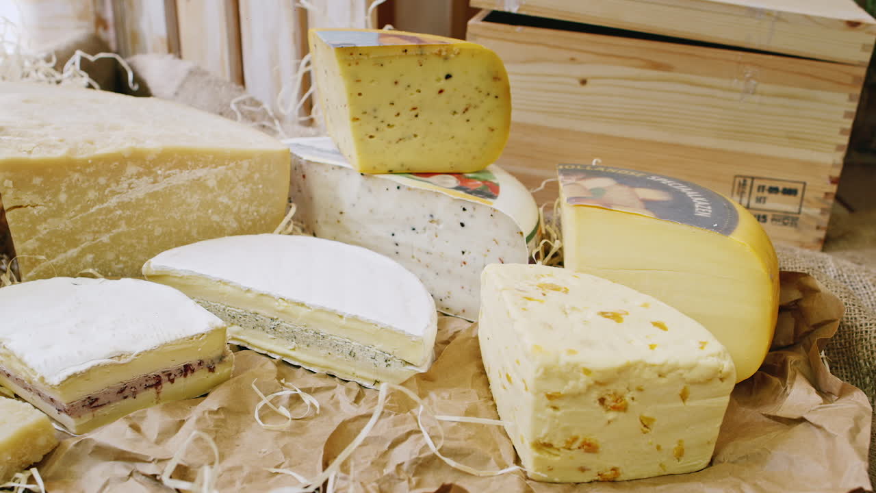 다양한 종류의 식욕을 돋우는 치즈의 치즈 부티크 조각이 카운터에 놓여 있습니다.