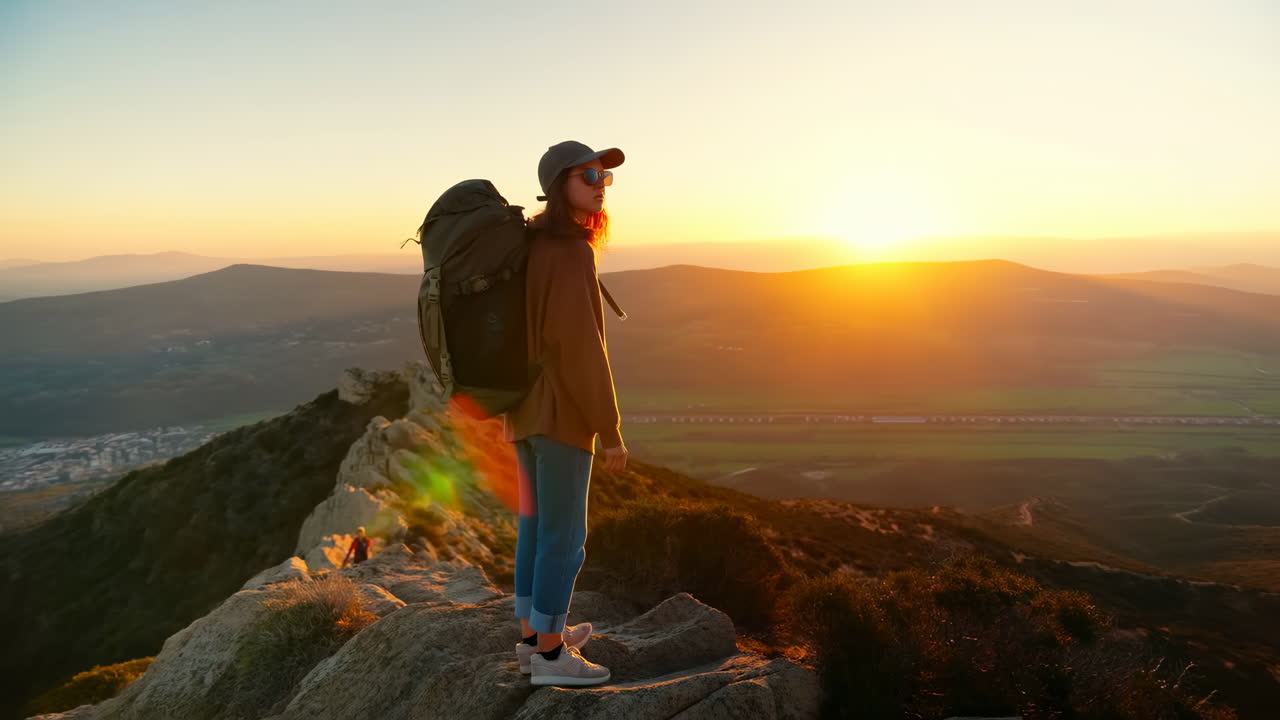 Young Woman Hiker Standing on Mountain Peak at Sunset
