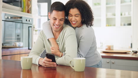 Couple,-hug-and-reading-phone-together-with-coffee