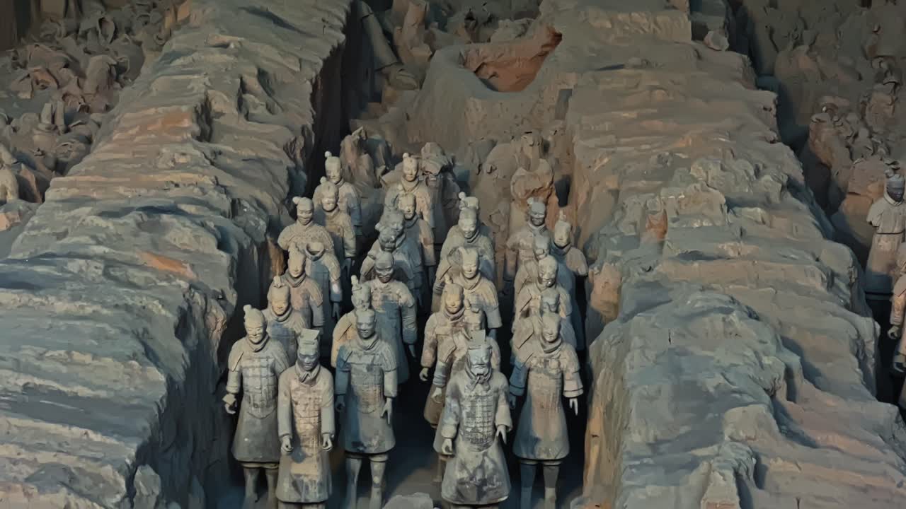 Terracotta Army - A World-renowned Archaeological Discovery Located in Lintong District, Xi'an, Shaanxi, China - Pan Up Shot