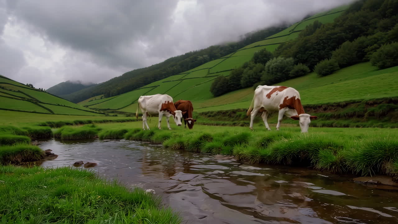 Cows Grazing by a Mountain Stream