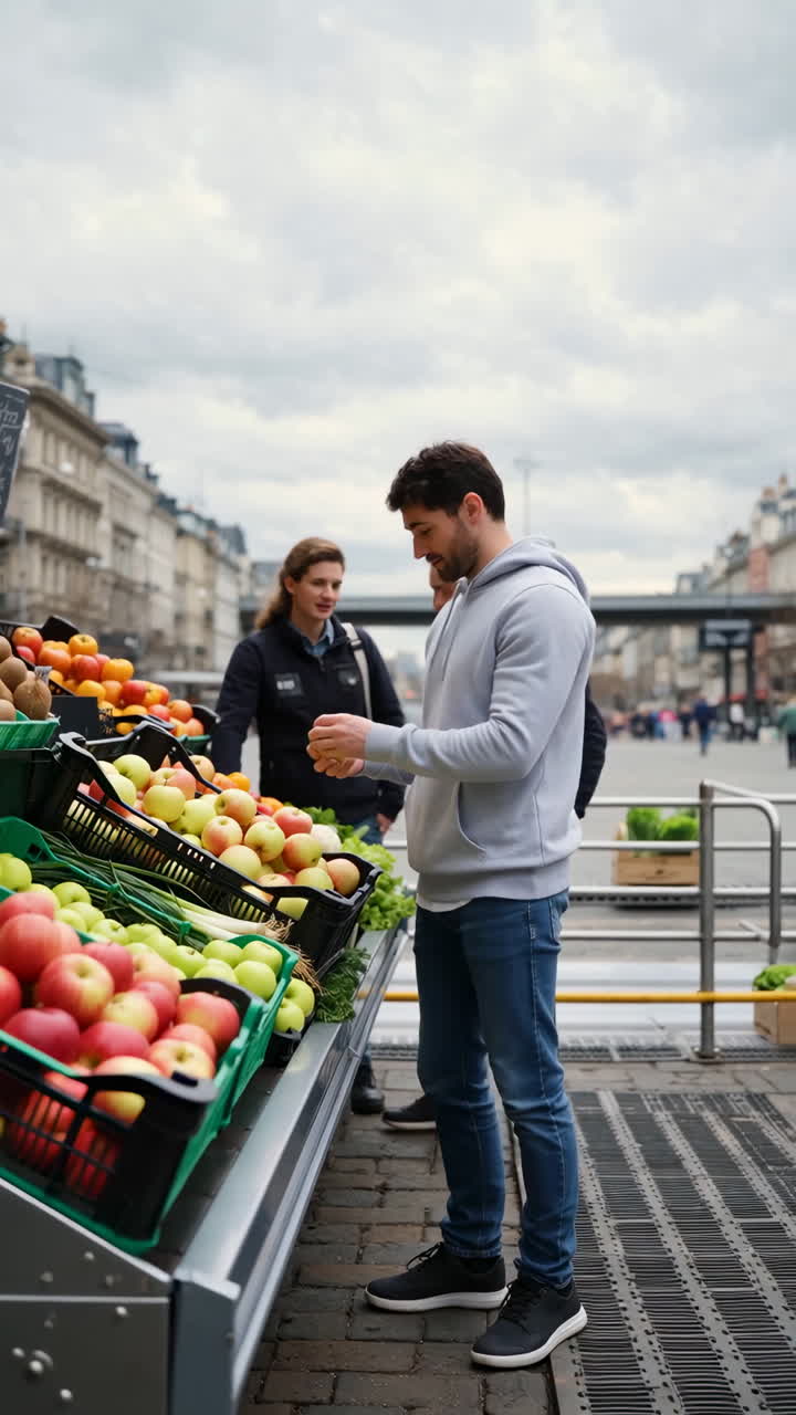 Man shopping for apples at an outdoor market