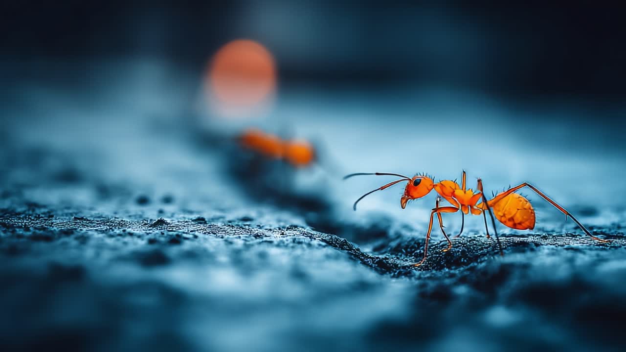 Close-Up of an Orange Ant Navigating Its Environment, Highlighting the Intricate Details of Its Body and Surroundings in a Soft Focus Background