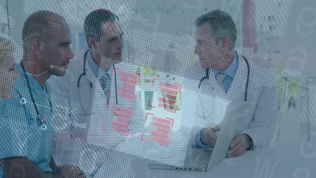 medical team reviewing laptop scans, projecting holographic charts and world map patterns