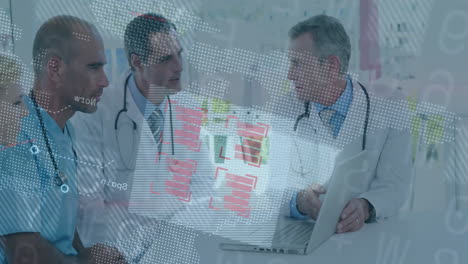medical team reviewing laptop scans, projecting holographic charts and world map patterns