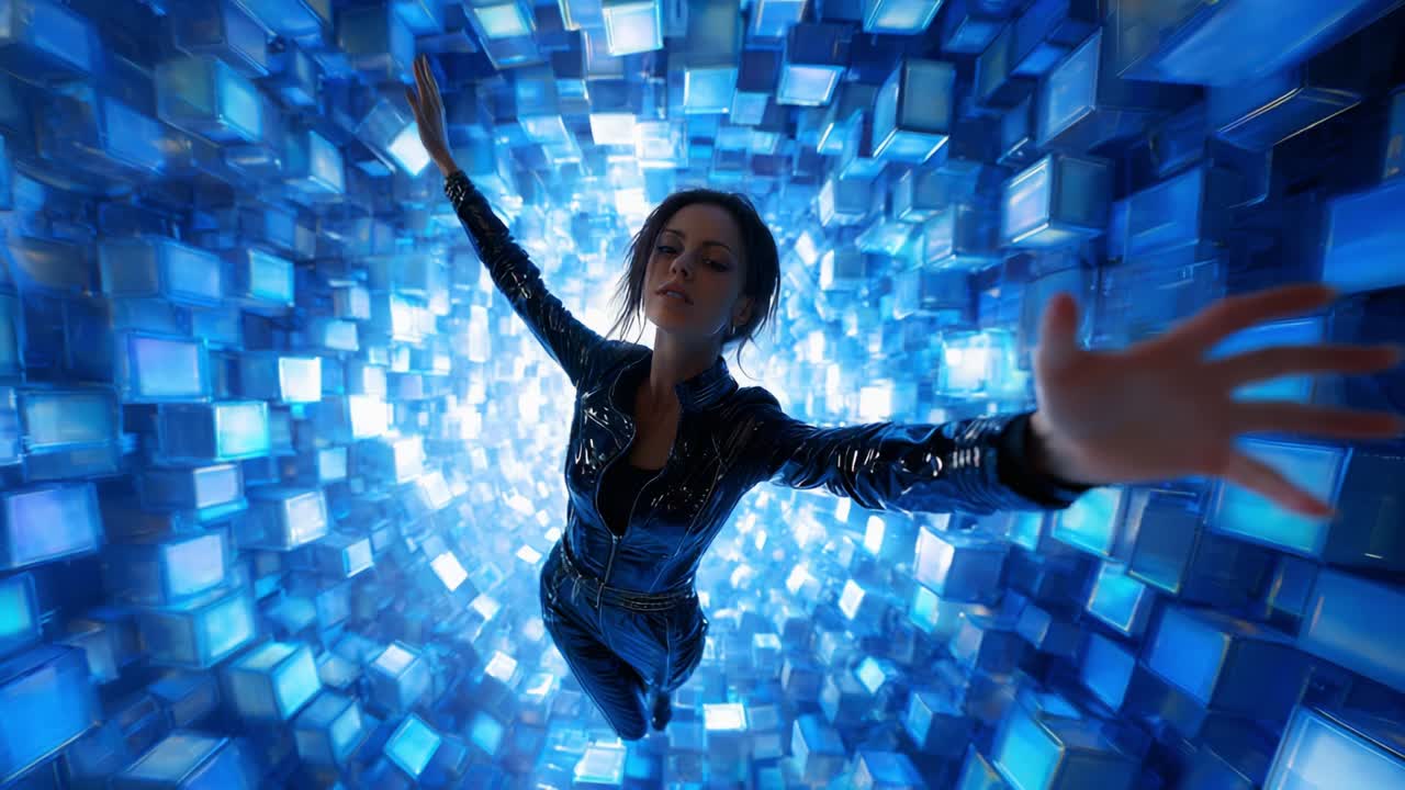 Woman Floating in Abstract Cube Space