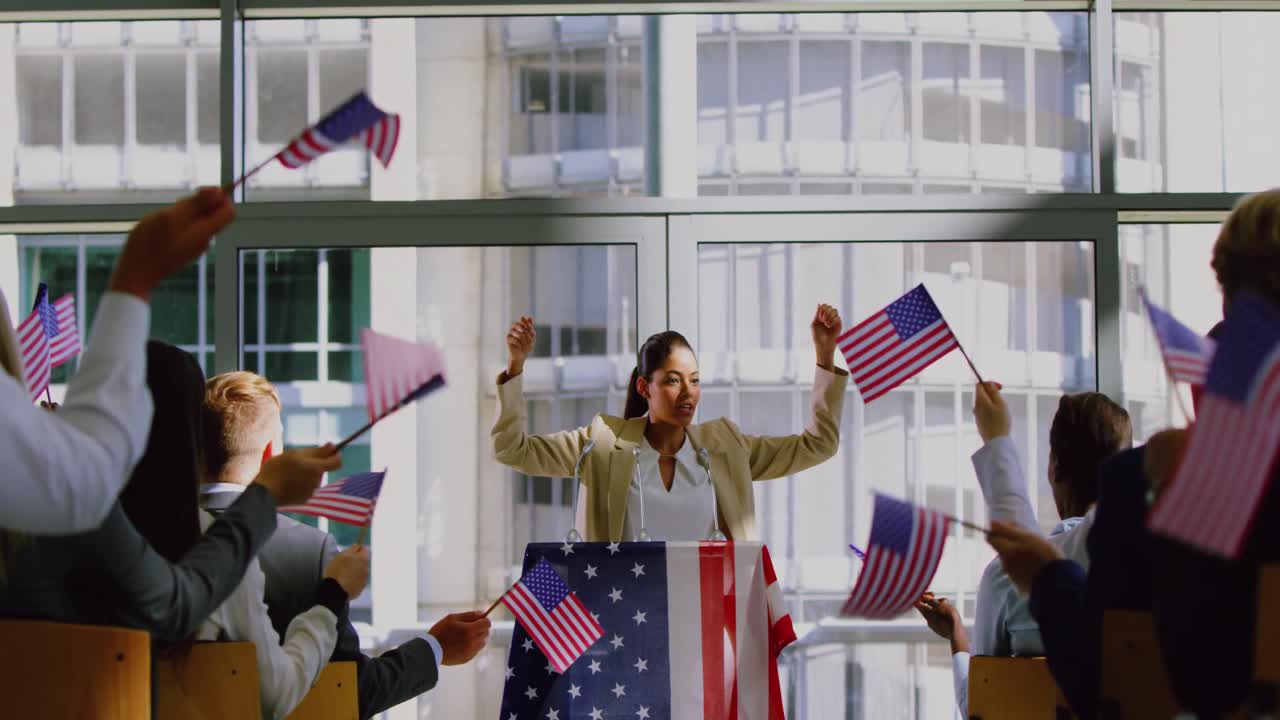 Female speaker speaks in a political campaign  seminar at modern office 4k