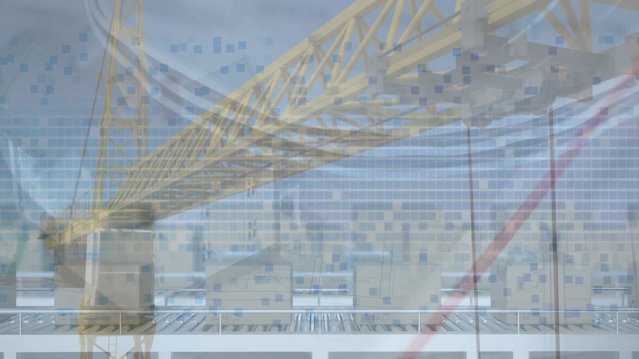 Video merges tech and business, showing boxes on a belt with a digital backdrop.