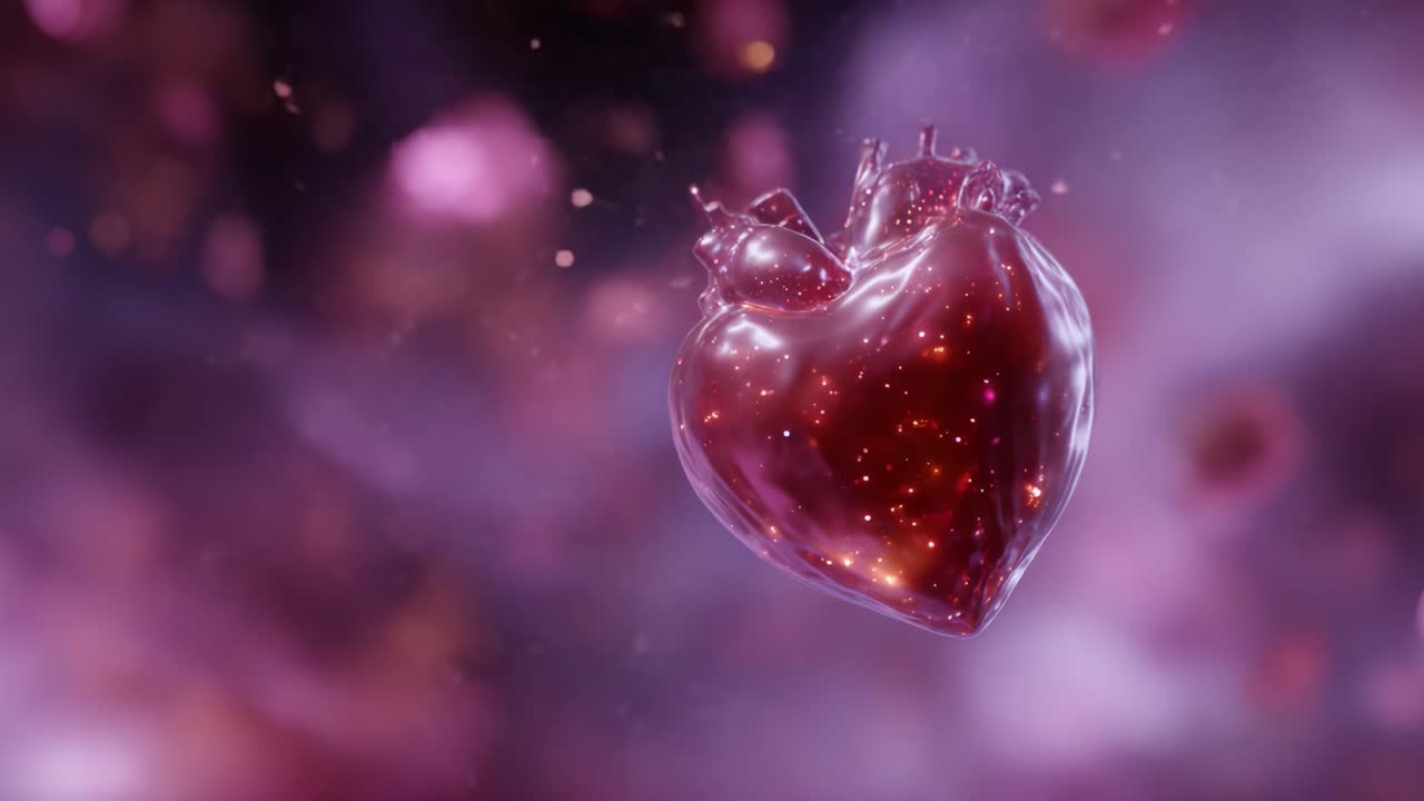 Un cuore animato incantevole che fluttua con grazia in uno spazio etereo e da sogno, pieno di colori vivaci ed effetti scintillanti, a simboleggiare l'amore e l'emozione
