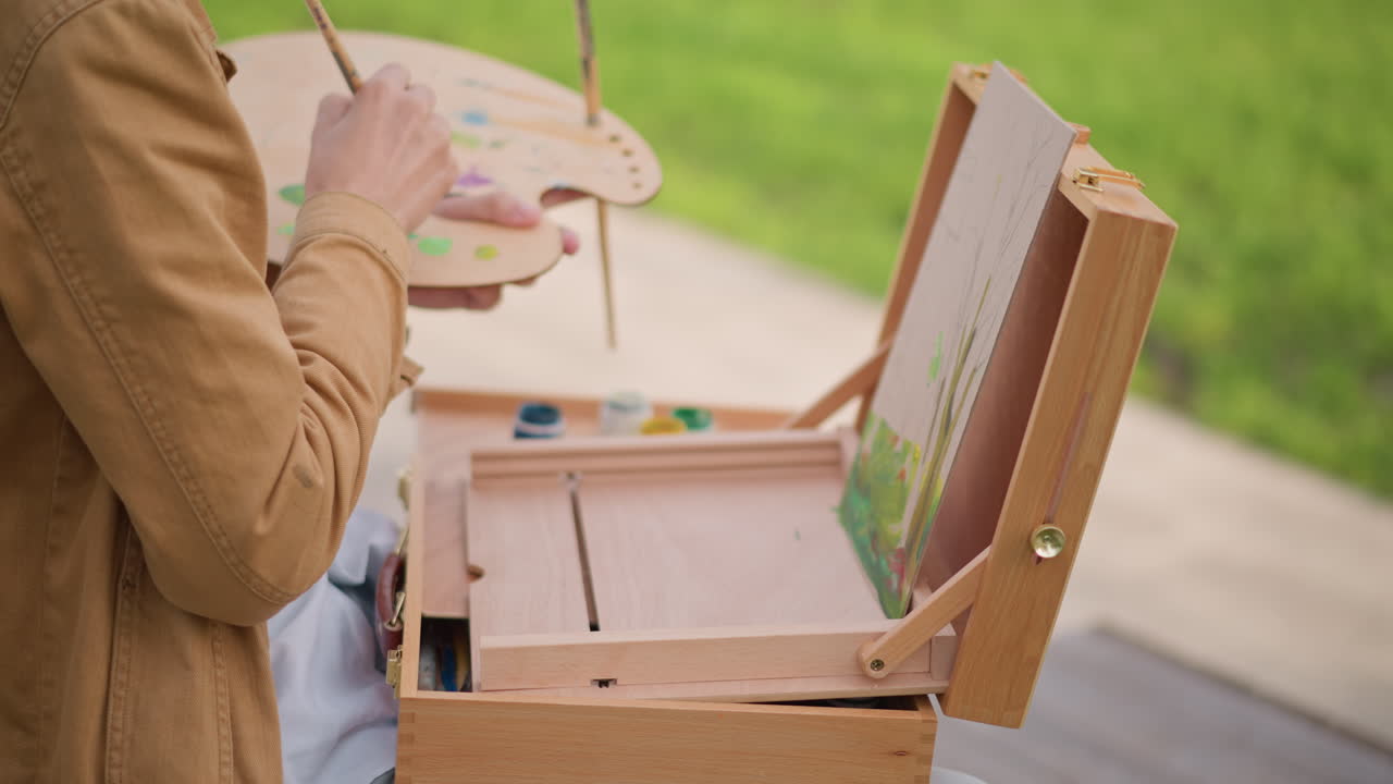 artiste en extérieur peignant une petite toile, esquissant une scène de parc herbeux avec de délicats coups de pinceau, chevalet et palette portables en bois, mains mélangeant des pigments verts, veste décontractée et banc, lumière douce